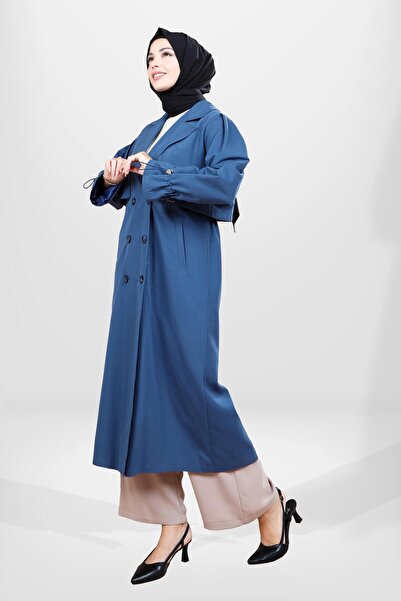 Beyza 3838 Düğme Detaylı Tesettür İndigo Trençkot