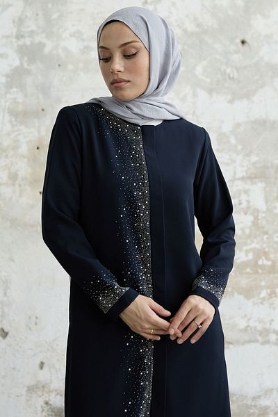 InStyle Right Part Stone Embroidered Ferace - Navy Blue