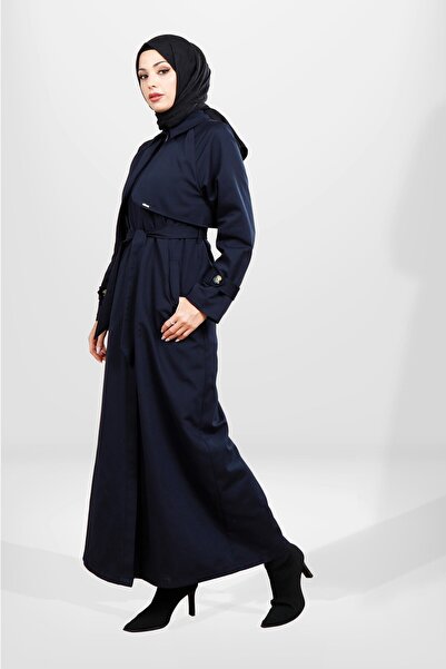 Beyza 3840 Düğmeli Tam Boy Tesettür Lacivert Trençkot
