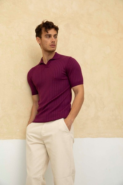 Tarz Cool Ανδρικό πλεκτό μπλουζάκι πόλο με ραβδώσεις