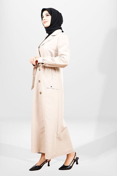 Beyza Μπεζ 3839 Μοντέλο Μακριά Hijab Trench Coat - Κουμπί