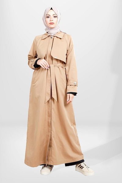 Beyza Μπεζ Hijab Trench Coat - 3840 με κουμπί, ολόσωμο