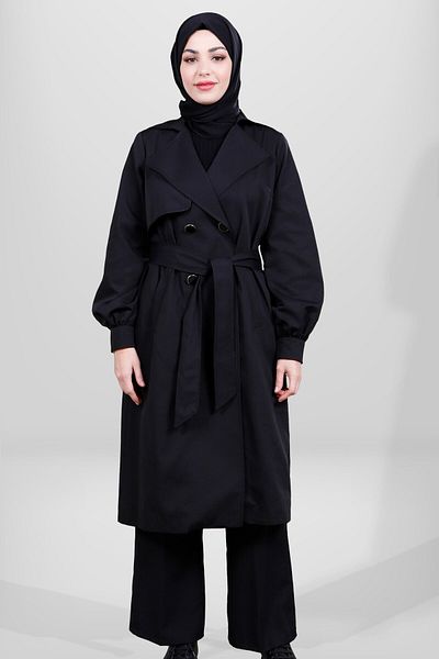 Beyza Μαύρο Hijab Trench Coat - Μοντέλο 3857, με κουμπί