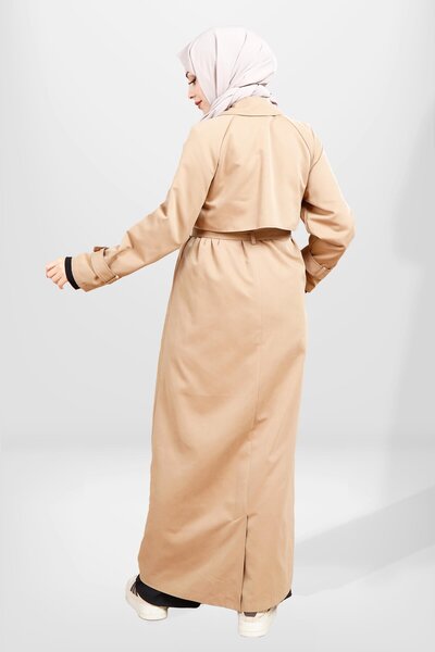 Beyza 3840 Düğmeli Tam Boy Tesettür Bej Trençkot