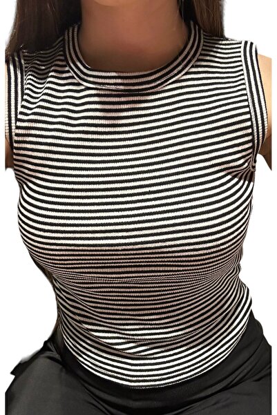 Kadın Çizgili Fitilli T-shirt Sıfır Yaka  Atlet Body Basic Kolsuz Ribanalı Bisiklet Yaka Siyah-Beyaz