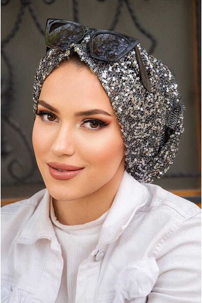 Aişe tesettür Silver Sequined Gathered Wrapped Bonnet