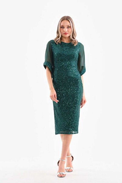 CİXAPLE Pul Payetli Midi Boy Abiye Elbise