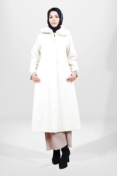 Beyza Ecru Fatih Mobile Hijab Coat - Fur Collar, Model 3628
