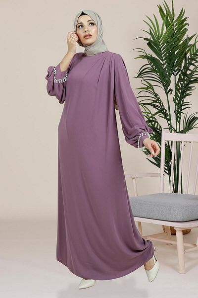 Beyza Λιλά Φόρεμα Hijab - Μανίκια Şark με πλισέ και λεπτομέρεια με πέρλες, Μοντέλο 5458