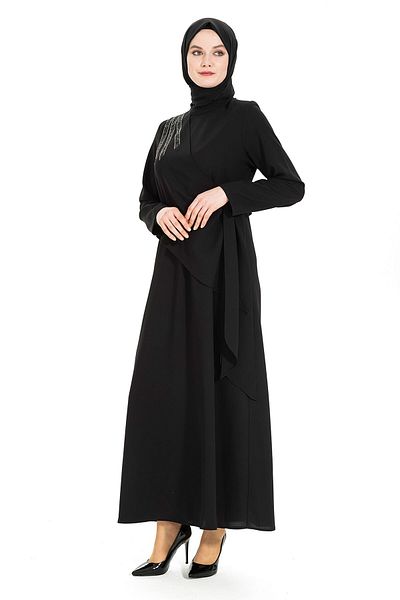 Beyza Hijab Μαύρο Φόρεμα - Sonay Glue and Stone Detailed 5308