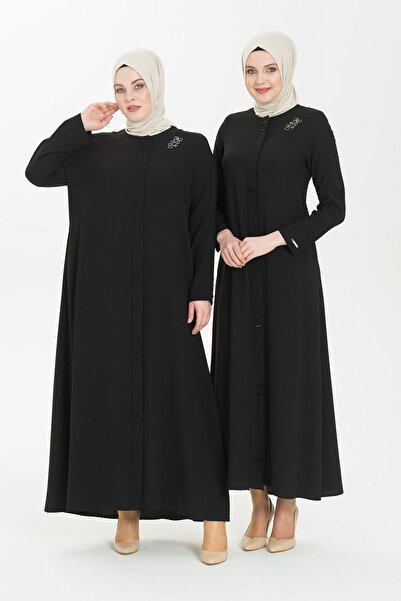 Beyza Aliye Boncuk Işlemeli Nervür Detaylı Siyah Ferace 3351