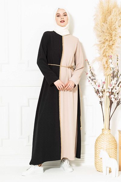 Beyza Μαύρο Φόρεμα Hijab - Ψάθινη Ζώνη, Esma 5095