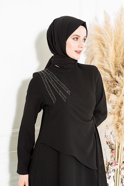 Beyza Hijab Μαύρο Φόρεμα - Sonay Glue and Stone Detailed 5308