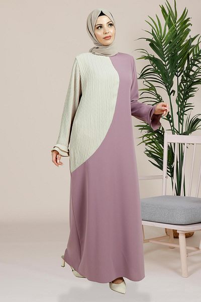 Beyza Λιλά Φόρεμα Hijab - Cahide Color Block και Kraş Λεπτομέρεια 5449