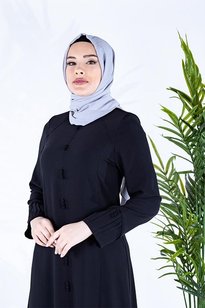 Beyza Μαύρο χιτζάμπ φόρεμα με λεπτομέρεια Nervür - Κουμπωτό 5472