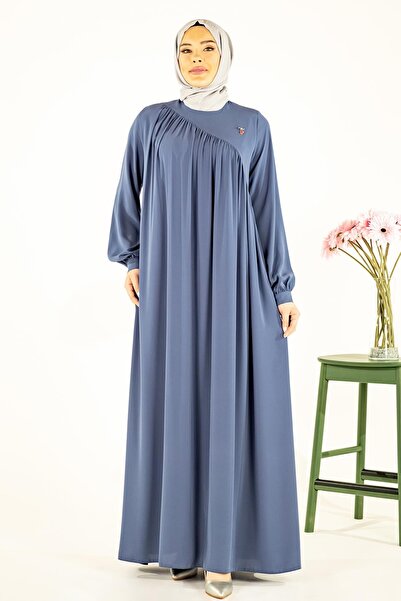 Beyza فستان حجاب Iris Indigo - رداء متقاطع ورباط، ثنيات - 5450
