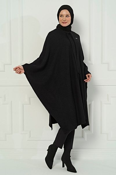 Beyza Winter Black Ferace - Μανίκι νυχτερίδας, μοτίβο πεταλούδας 3493