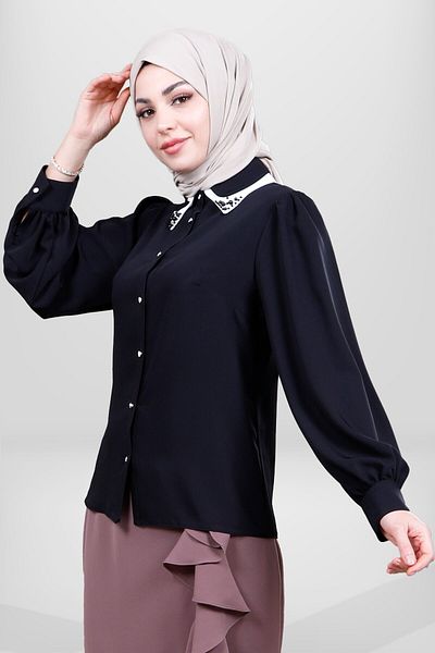 Beyza Μαύρο πουκάμισο Hijab - Μοντέλο 4083, με κουμπιά