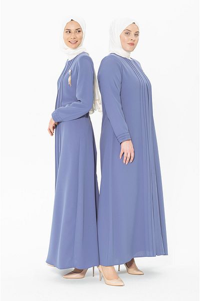 Beyza Απλό Μπλε Φόρεμα Hijab - Λεπτομέρεια με Κέντημα, Μοντέλο 5278
