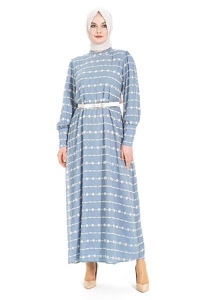 Beyza Indigo Hijab Dress - Με Κέντημα Λουλούδι και Ψάθινη Ζώνη, Μοντέλο 5260
