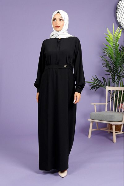 Beyza Μαύρο φόρεμα Hijab - Dolunay Flared, με φερμουάρ 5518