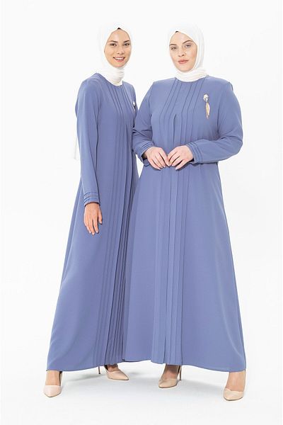 Beyza Απλό Μπλε Φόρεμα Hijab - Λεπτομέρεια με Κέντημα, Μοντέλο 5278