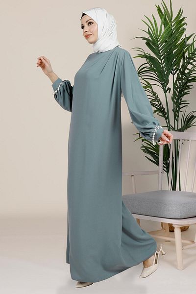 Beyza Φόρεμα Mint Hijab - Μανίκια Şark με πλισέ και λεπτομέρεια με πέρλες, Μοντέλο 5458