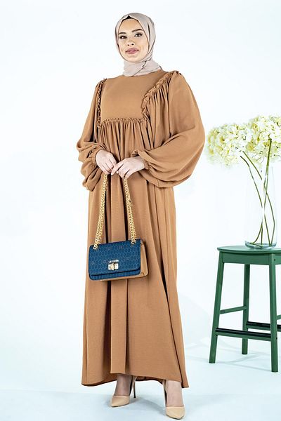 Beyza Φόρεμα Hijab με τετράγωνο κορδόνι κανέλας - Μπροστινό και πίσω μέρος με κορδόνι, ντραπέ 5454