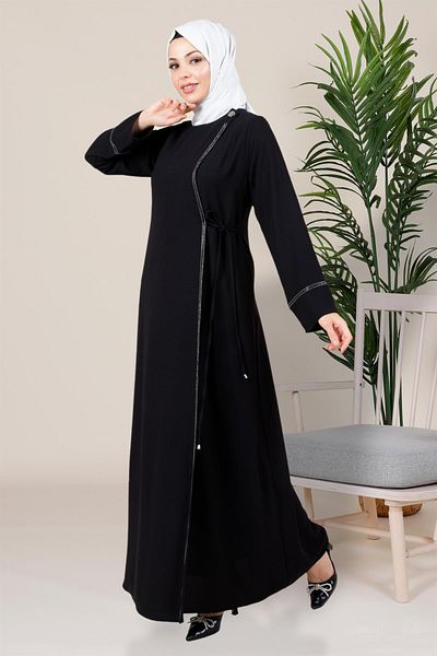 Beyza Hijab Μαύρο Φόρεμα - Κλείσιμο με διπλό στήθος, Λεπτομέρεια από πέτρα, Arduva Sticky 5383