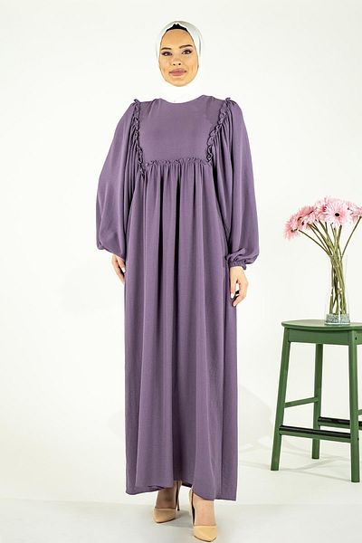 Beyza Λιλά Φόρεμα Hijab - Τετράγωνο Ρόμπα και Συρματόσχοινο, Flowy 5454