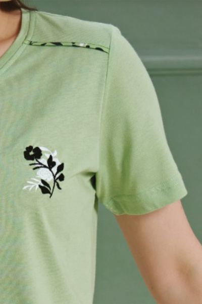 BSM Pistachio Green High Quality Women's Pajamas Set - 100% Combed, Patterned, Short Sleeve