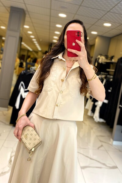 Vosse On Fashıon Kum Gold Düğme Detaylı Kısa Kollu Etekli Takım