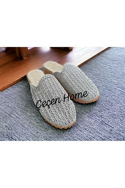 ÇEÇEN HOME Women's Straw Slippers Beige Closed Front Mesh Lace Knitwear Embroidery Detailed Stylish Summer Home Beach Vacation Slippers
