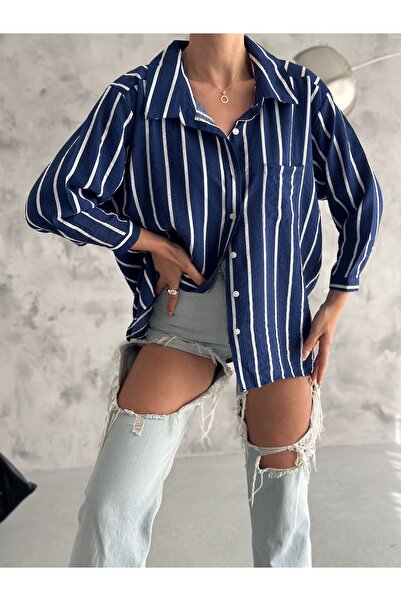 REMENY Kadın %100 Pamuklu Oversize Düz Çizgili Gömlek Yeni Sezon Gömlek