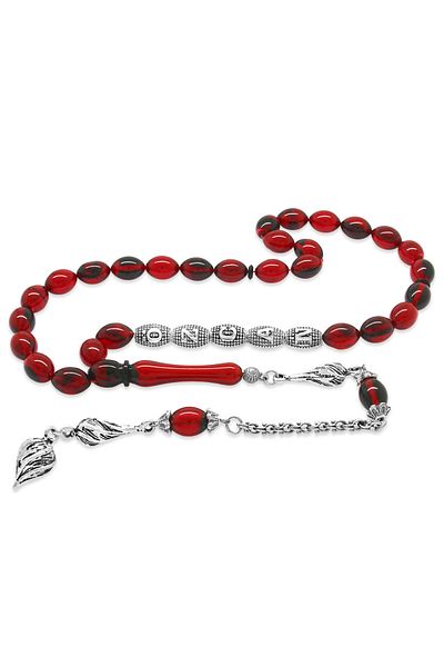 Tesbihane Red-Black Fire Amber Prayer Beads with Non-Tarnish Metal Tassels
