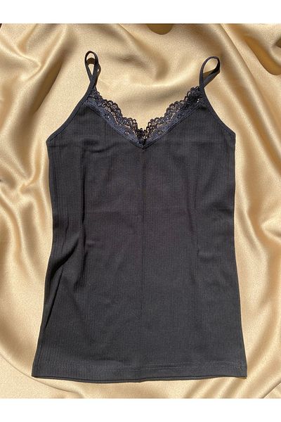 LEYNA BUTİK Corded Cotton Lycra Rope Strap V-Neck Black Color Women's Blouse - Athlete