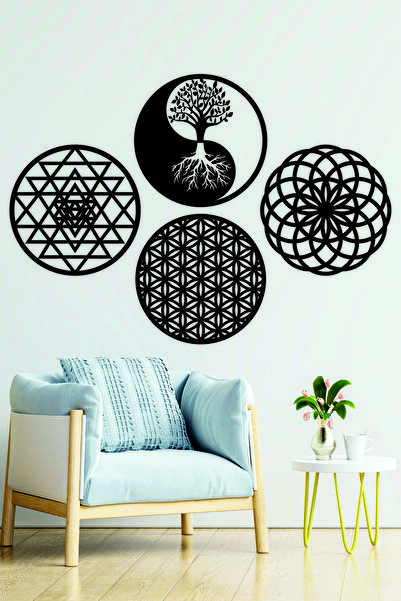 UNT Yaşam Çiçeği, Sri Yantra, Torus Ve Yin Yang Yaşam Ağacı 4'lü Set Duvar Tablosu