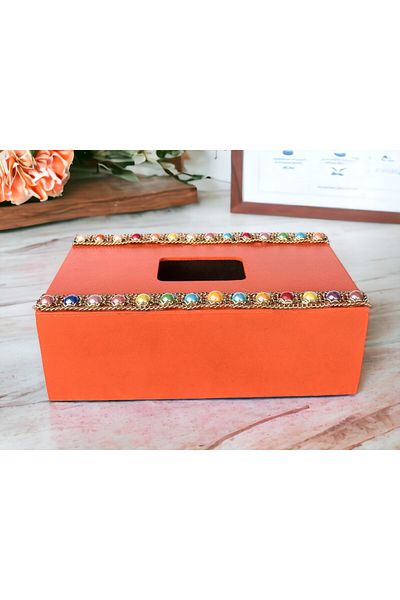 Fun Life Handmade Wooden Handkerchief Box Decorated with Colorful Beads - Orange