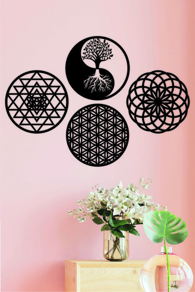 UNT Yaşam Çiçeği, Sri Yantra, Torus Ve Yin Yang Yaşam Ağacı 4'lü Set Duvar Tablosu