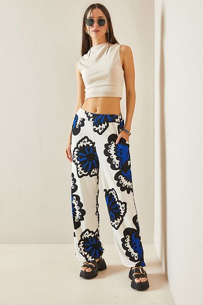XHAN Navy Blue Elastic Waist Wide Leg Patterned Trousers 5YXK2-48405-14