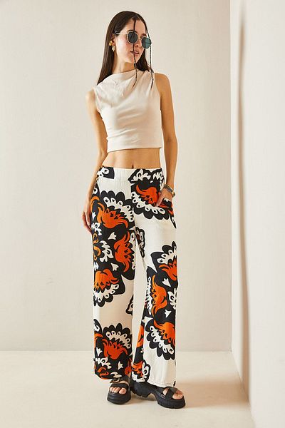 XHAN Orange Elastic Waist Wide Leg Patterned Trousers 5YXK2-48405-11