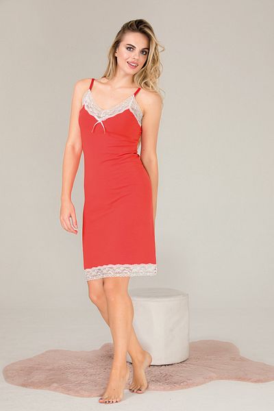 UygunBulduk Women's Tunic Nightgown 5557 - Red, Strappy, Lace Detail, Cotton Combed Cotton