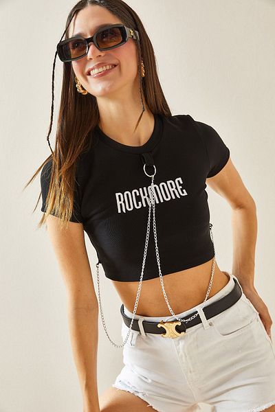 XHAN Black Crew Neck Chain Detailed Crop T-Shirt 5YXK1-48412-02