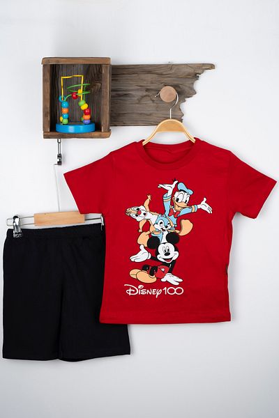 BAYAS DİSNEY Summer Baby Boy Suit 3-4-5-6 Years Old Children's Suit Summer T-shirt Bottom and Top Set 100% Cotton