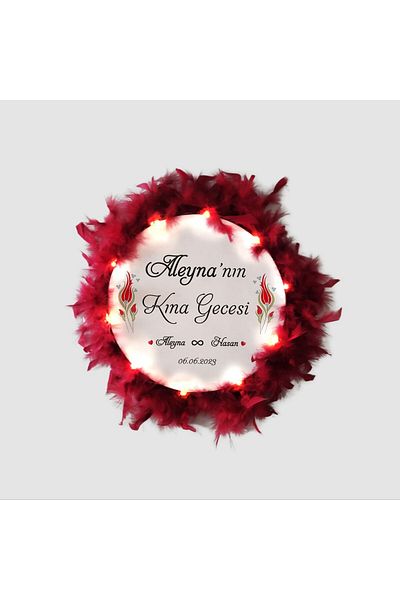 BAKSEPETE Illuminated, Name Printed Henna Tambourine, Bridal Tambourine (32 CM LARGE SIZE Claret Red)