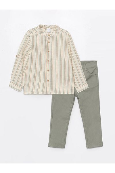 LC Waikiki Prevailing Collar Long Sleeve Striped Baby Boy Shirt and Pants 2-Piece