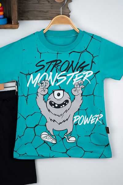 BAYAS STRONG MONSTER Summer Boys' Set 3-4-5-6 Years Old Children's Set Summer T-shirt Bottom and Top Set 100% Cotton
