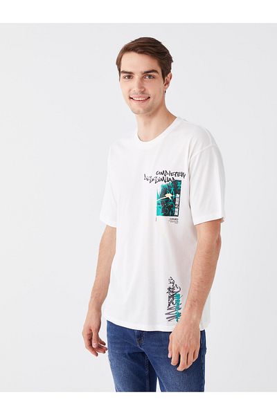 LC Waikiki Ανδρικό χτενισμένο βαμβακερό μπλουζάκι εμπριμέ - Crew neck, κοντό μανίκι