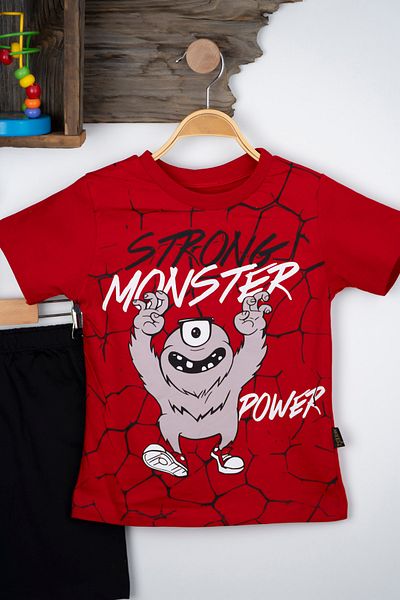BAYAS STRONG MONSTER Summer Boys' Set 3-4-5-6 Years Old Children's Set Summer T-shirt Bottom and Top Set 100% Cotton