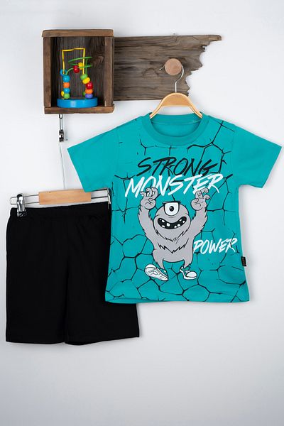 BAYAS STRONG MONSTER Summer Boys' Set 3-4-5-6 Years Old Children's Set Summer T-shirt Bottom and Top Set 100% Cotton